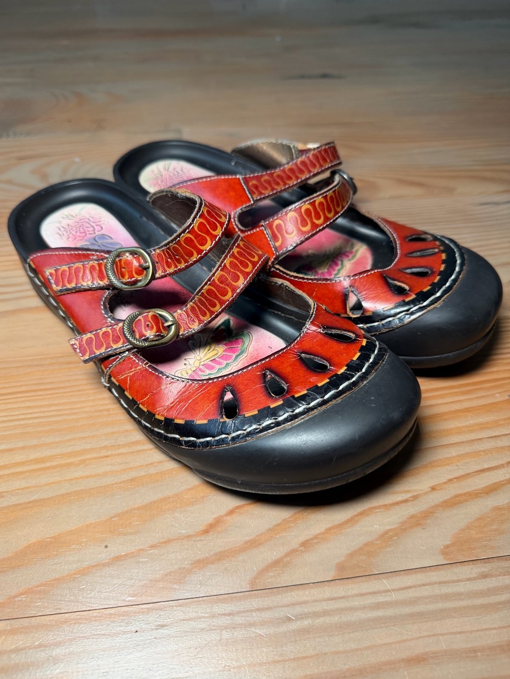 Vintage Y2K Elite Red Leather Fairy Hippie Slip On Sandals Shoes Boho Buckle